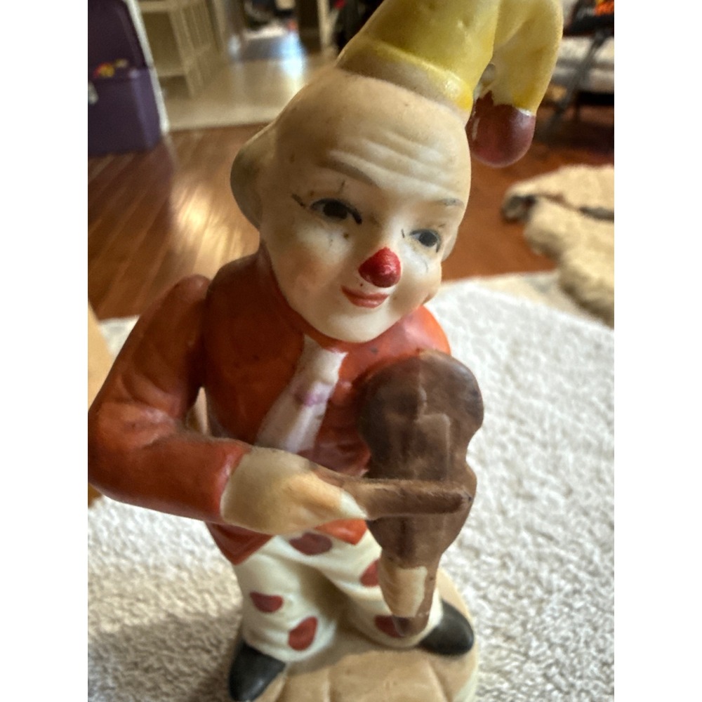 Vintage Porcelain Clown Figurine Playing Violin Red Polka Dot Jester Hat 5.5in